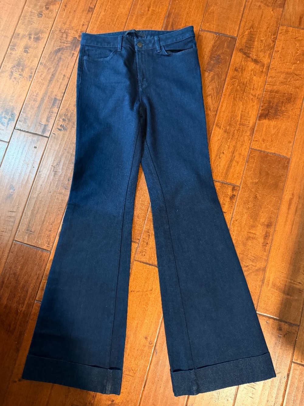 J Brand High Waisted Flare Jeans with prominent cuff at hem.